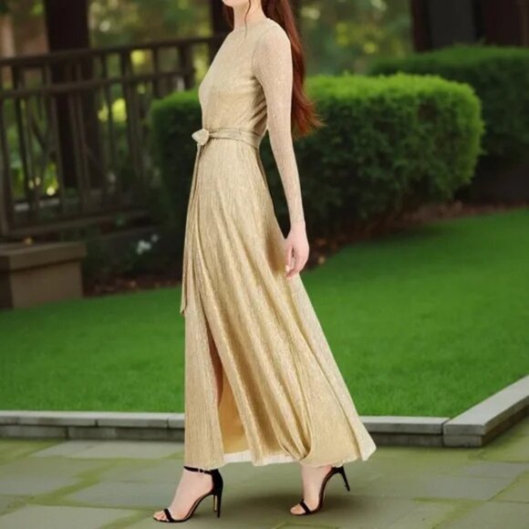 NWT Anne Klein Women's Tan/Gold Metallic‎ Long sleeve Midi Dress.  SZ 12 - Picture 2 of 4